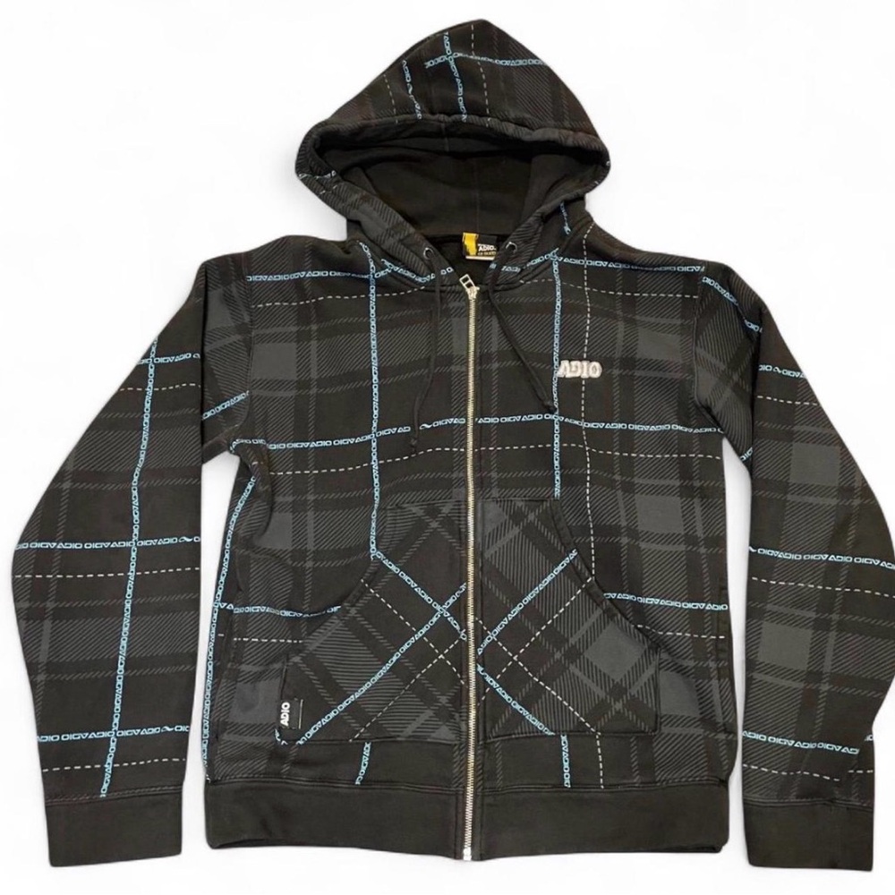 Adio Footwear Vintage Y2K Skateboarding Plaid‎ Logo Zip-Up Hoodie